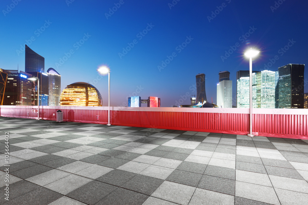 empty marble floor with cityscape and skyline of hangzhou