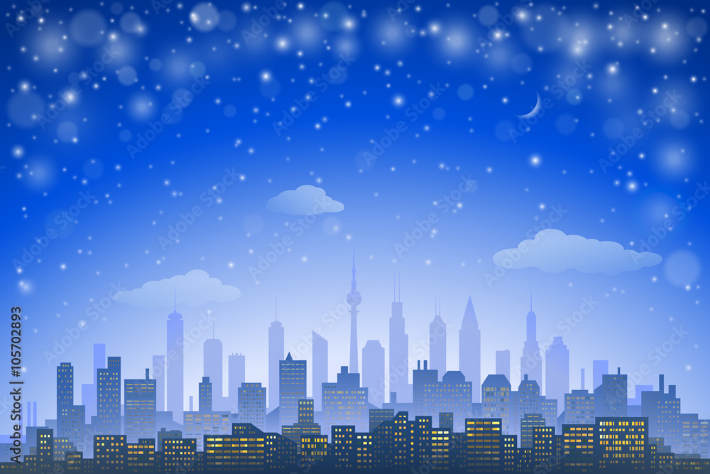 Abstract city skyline with urban skyscrapers at night