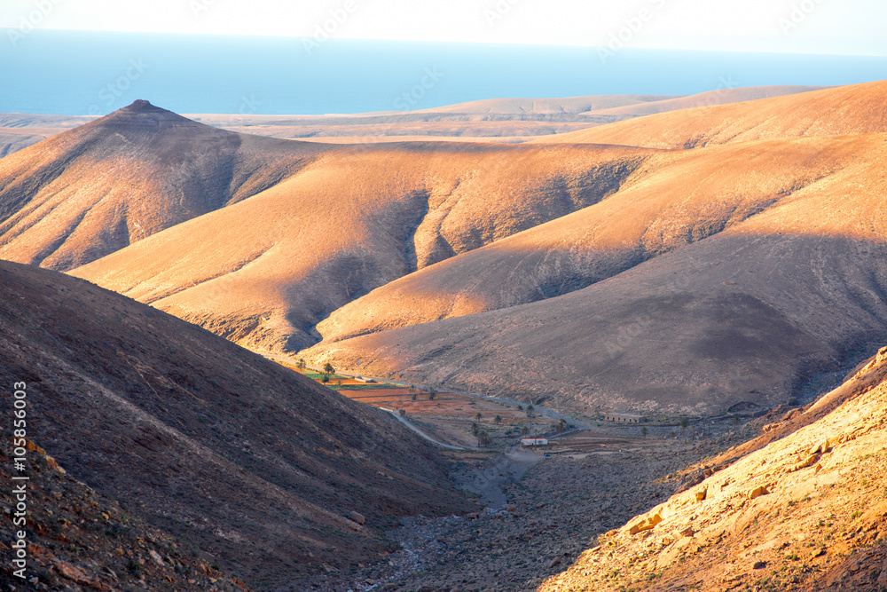 Beautiful landscape with soft mountains on the central part of Fuerteventura island in Spain