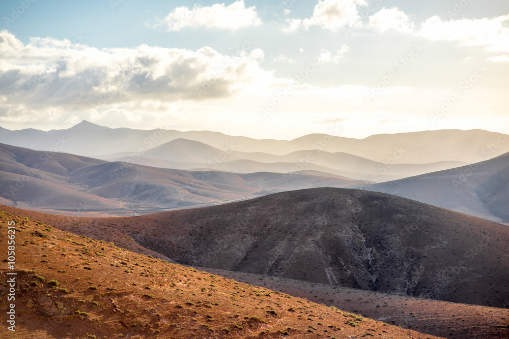 Beautiful landscape with soft mountains on the central part of Fuerteventura island in Spain