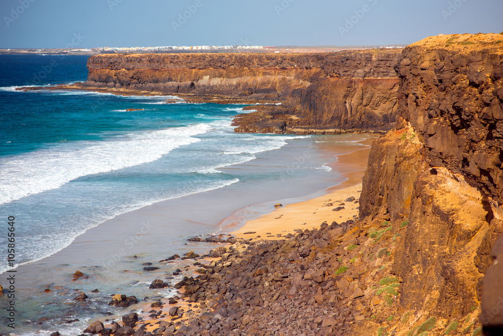 Sandy rocky coastline on the north western part of Fuerteventura island near El Cotillo village