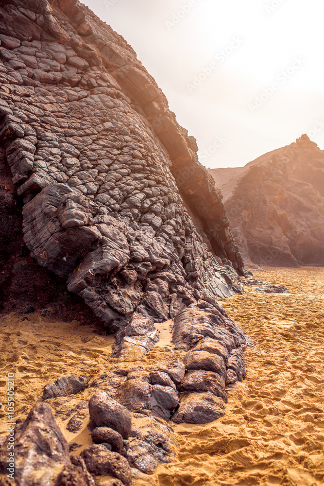 Close-up view on the volcanic rocky coast near La Pared village on the south western part of Fuertev