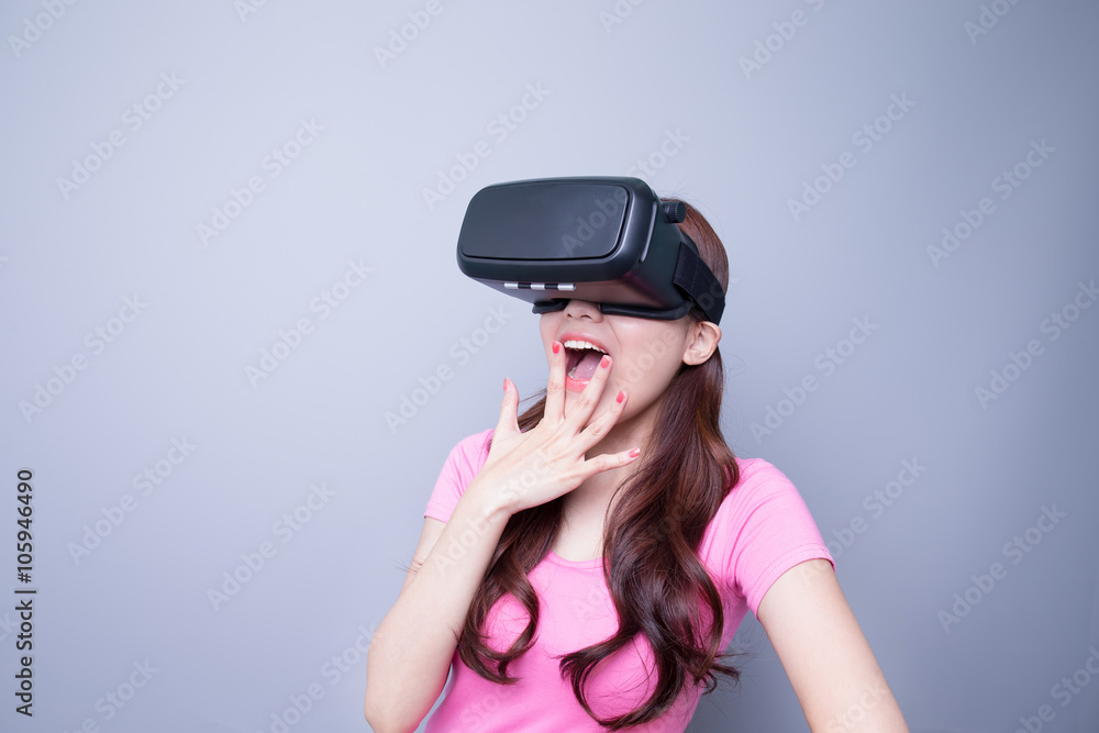 Afraid woman watching virtual reality