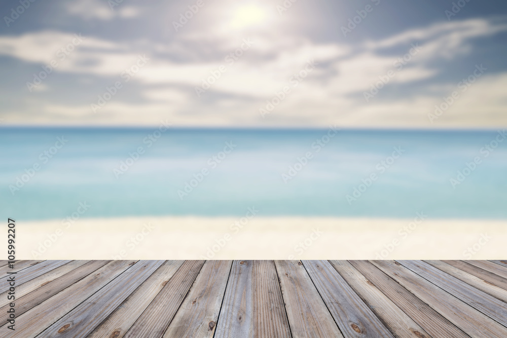 Wood floor on Retro Pastel Beach,motion blur.