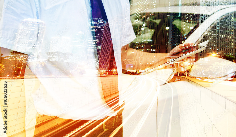 A businessman and a city in the white background using a double