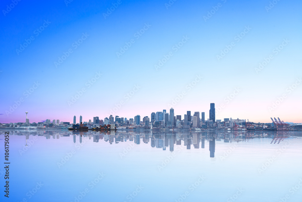 landscape of lake and cityscape of seattle in blue sky