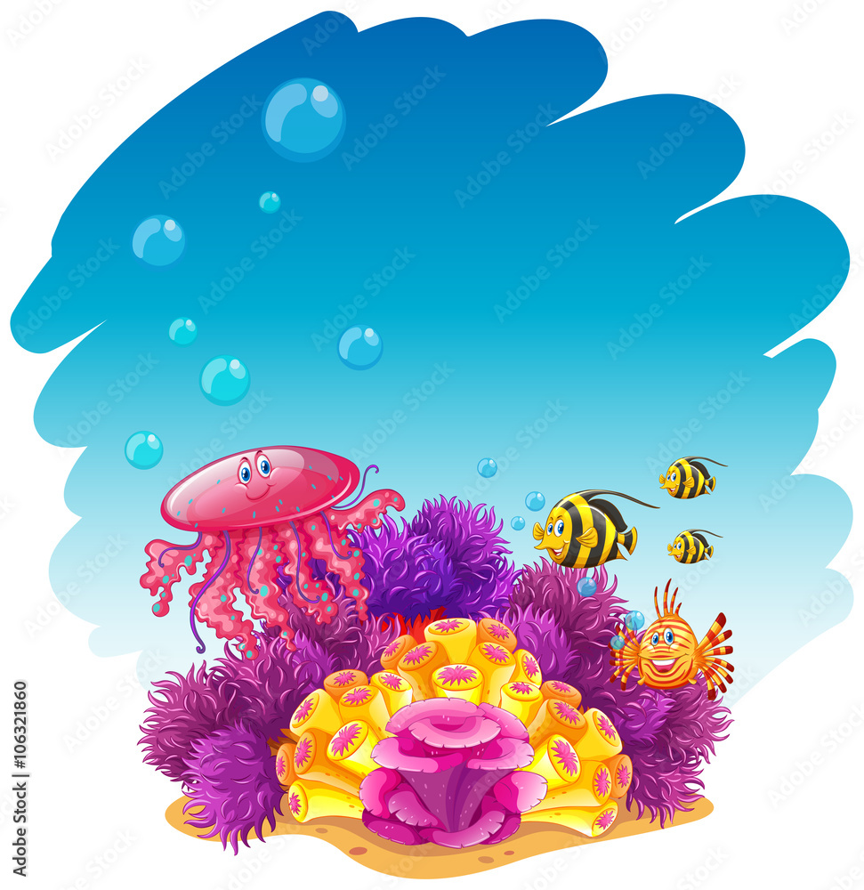 Underwater scene with jellyfish and corals