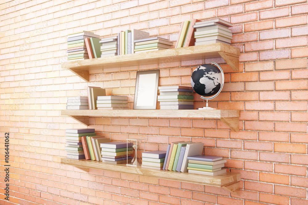 Bookshelves on red brick