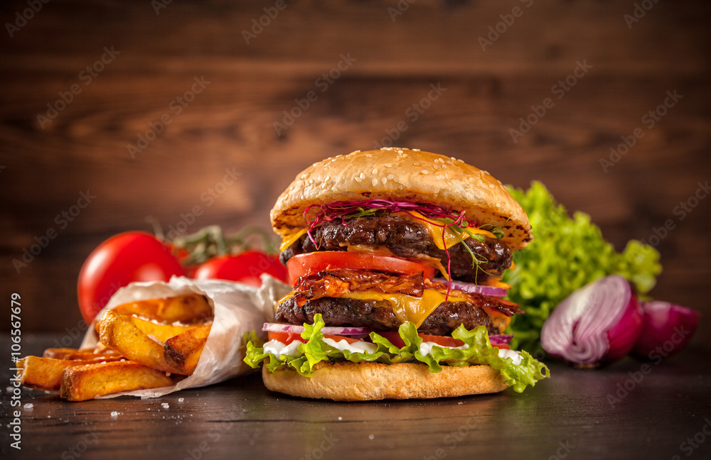 Fresh home-made hamburger served on wood