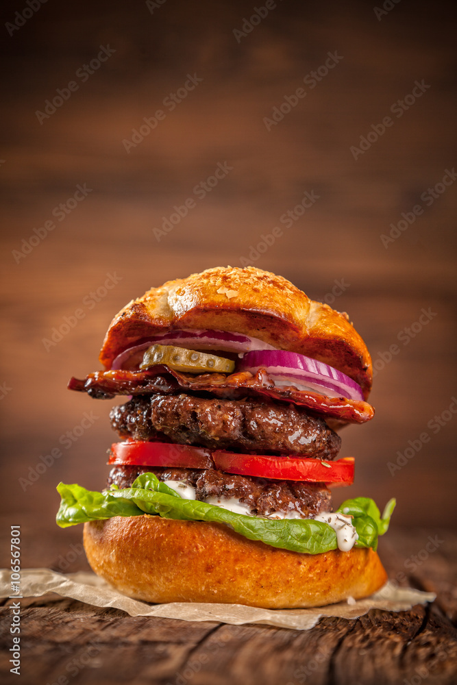 Fresh home-made hamburger served on wood