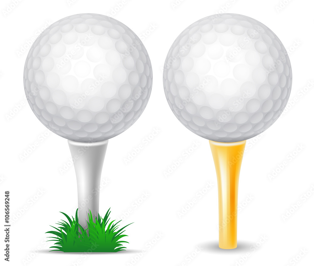 Set of White Golf Ball on White Tee with Grass and on Golden Tee. Realistic Vector Illustration. Iso