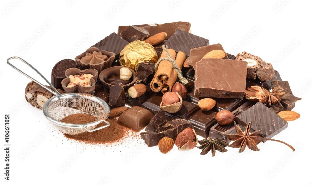 Delicious chocolates isolated on white background