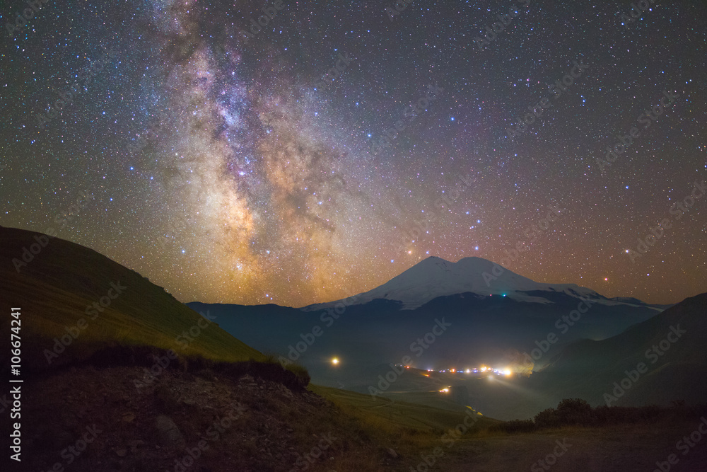 Bright Milky way and stars over Mount Elbrus