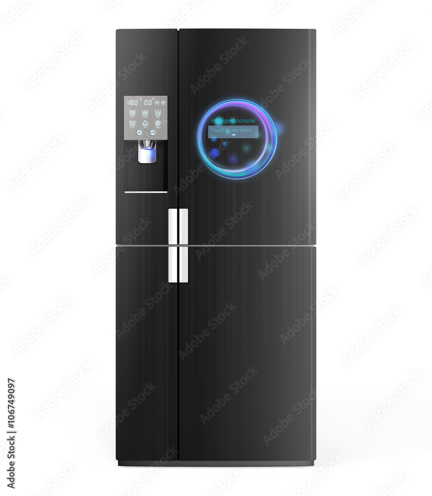 Smart refrigerator with ice dispenser function. User can touch icon on the door to discover more inf