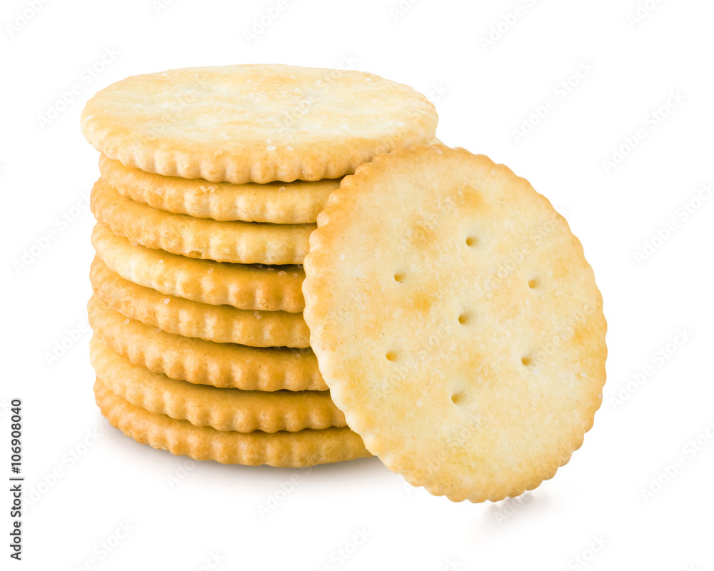 Golden crackers over white background