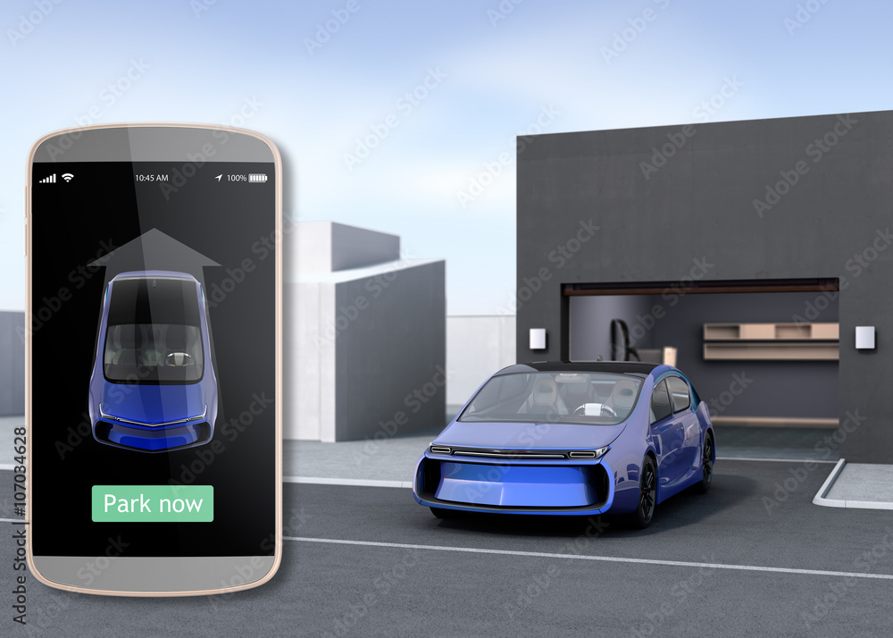 Parking car by automatic parking app concept. 3D rendering image.