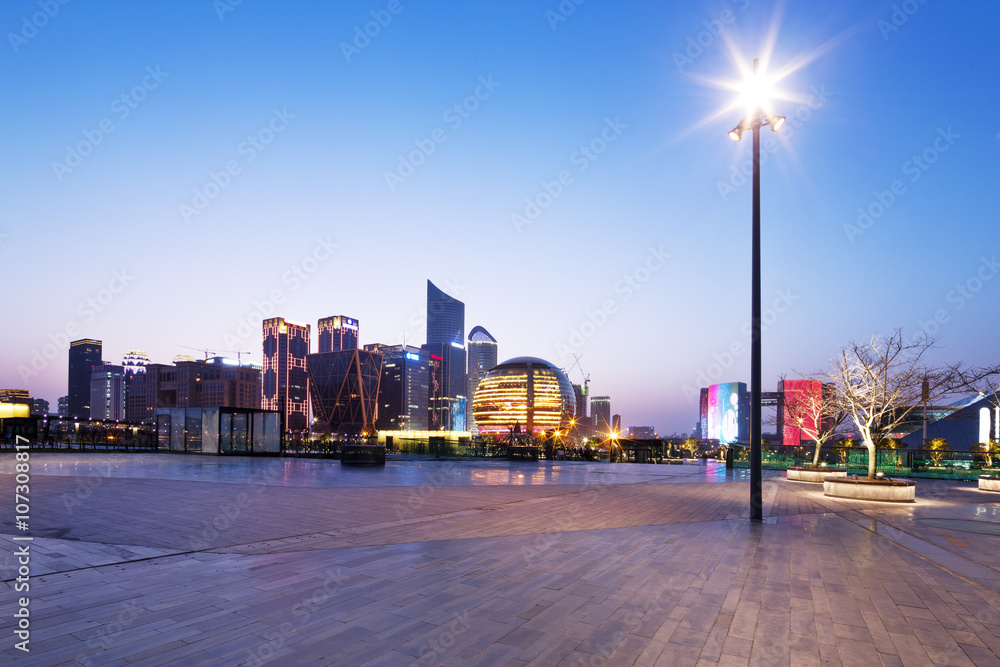 empty marble floor with cityscape and skyline of hangzhou