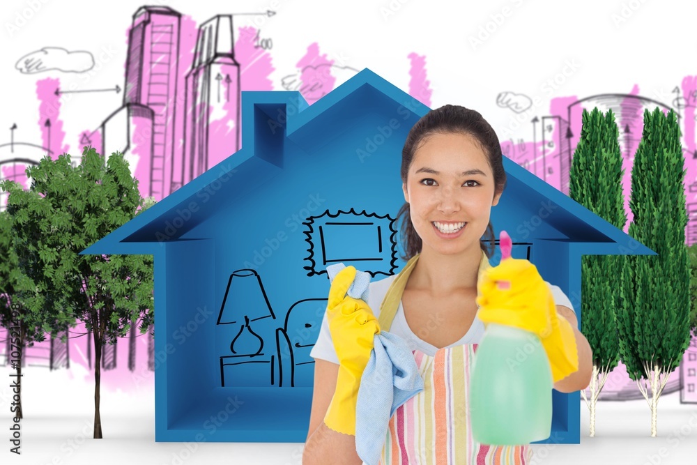 Composite image of cheerful woman holding up spray bottle