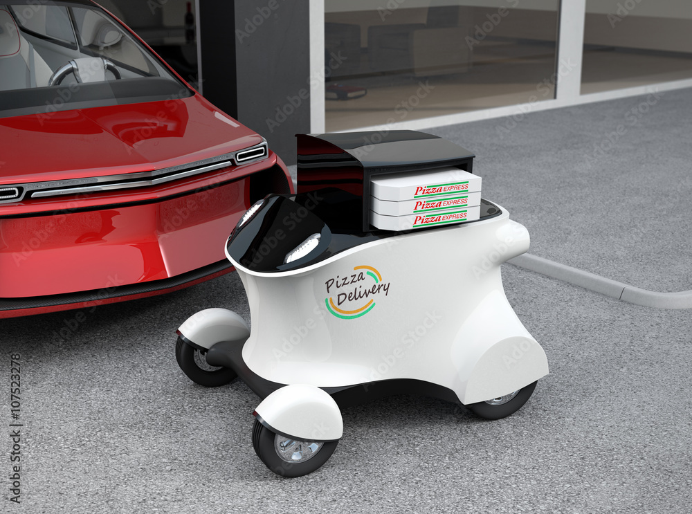 Autonomous delivery robot in front of the garage waiting for picking pizza. 3D rendering image in or