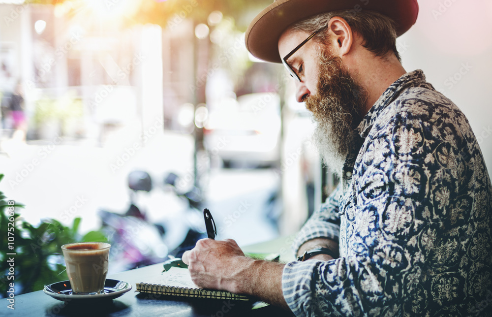 Senior Man Writing Working Coffee Shop Realxation Concept