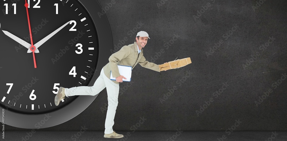 Composite image of happy delivery man running 