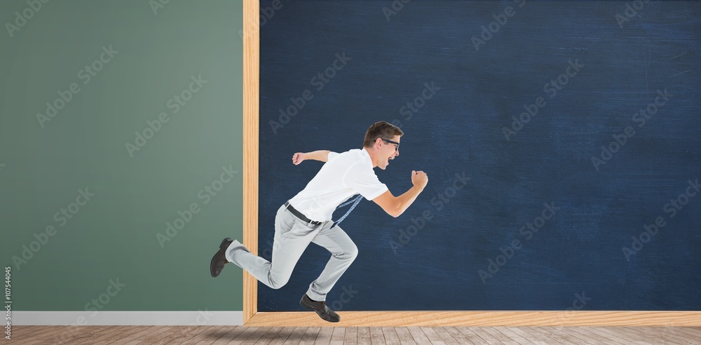 Composite image of geeky happy businessman running mid air