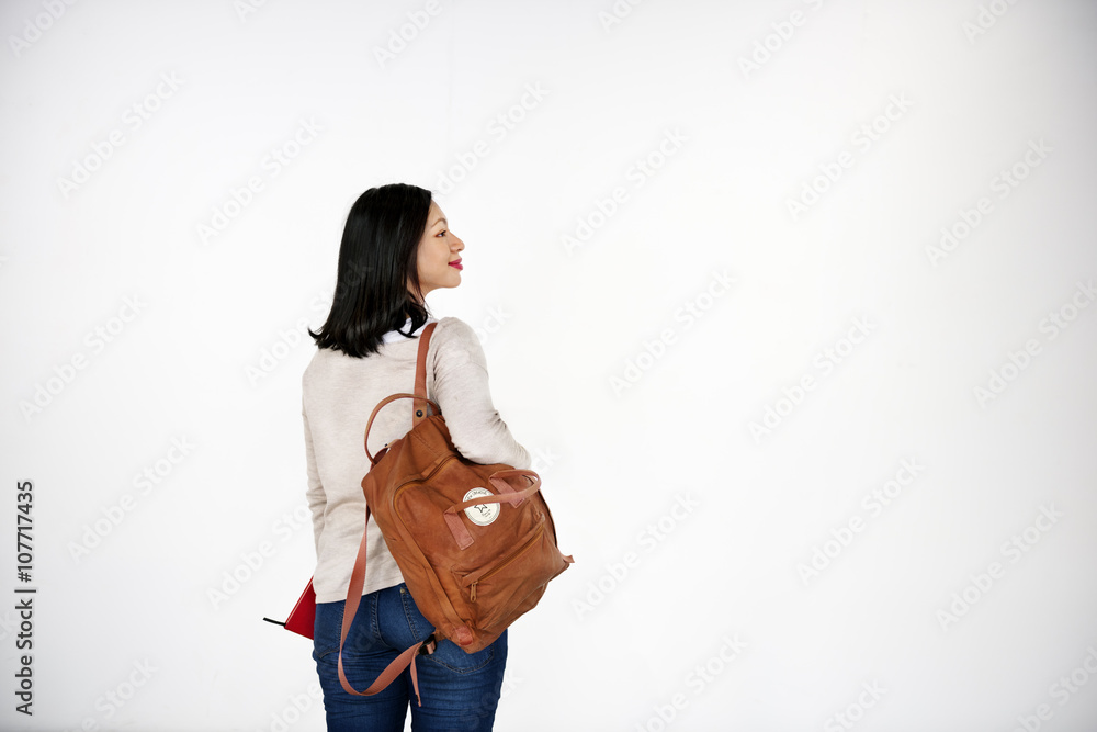 Asian Lady Traveler Backpack City Concept