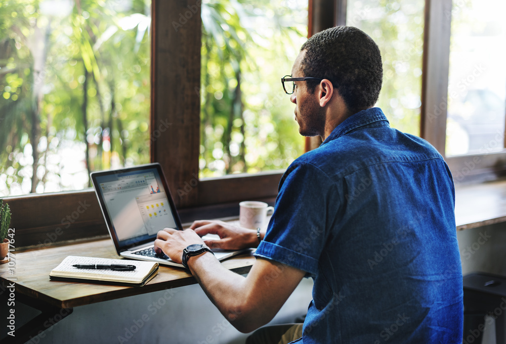 Man Working Coffee Shop Connecting Laptop Concept