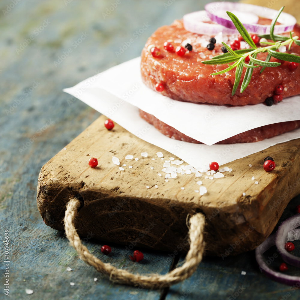 Raw Ground beef meat Burger steak cutlets with seasoning