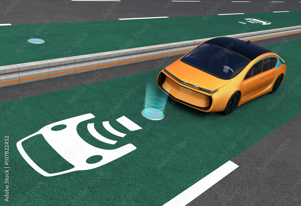 Yellow electric car on EV wireless charging lane. The in-road wireless charging coil have graphic to