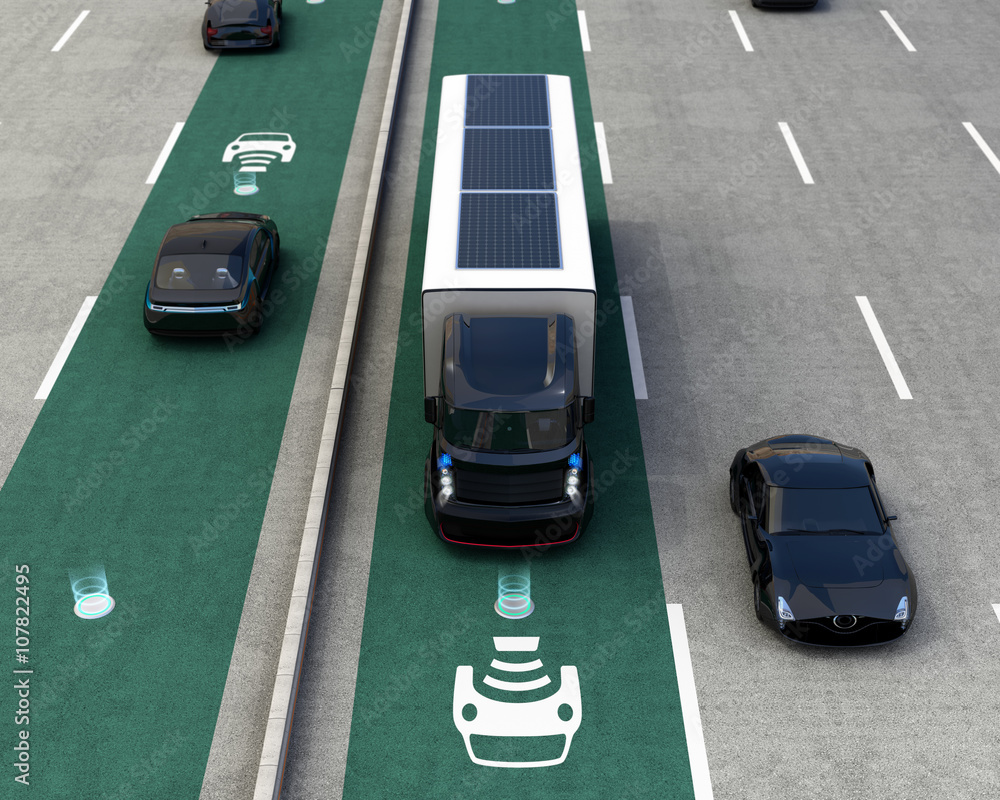 Hybrid truck and blue electric car on wireless charging lane. 3D rendering image.