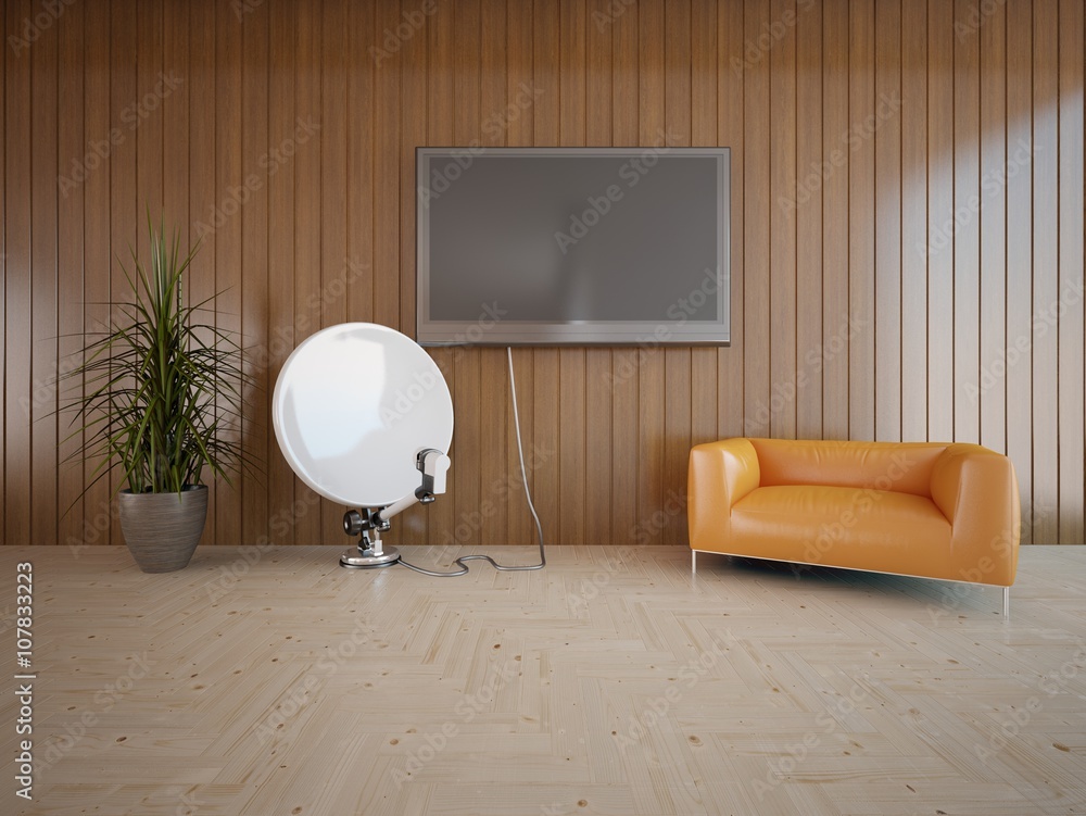 Wooden interior of living room with colored furniture