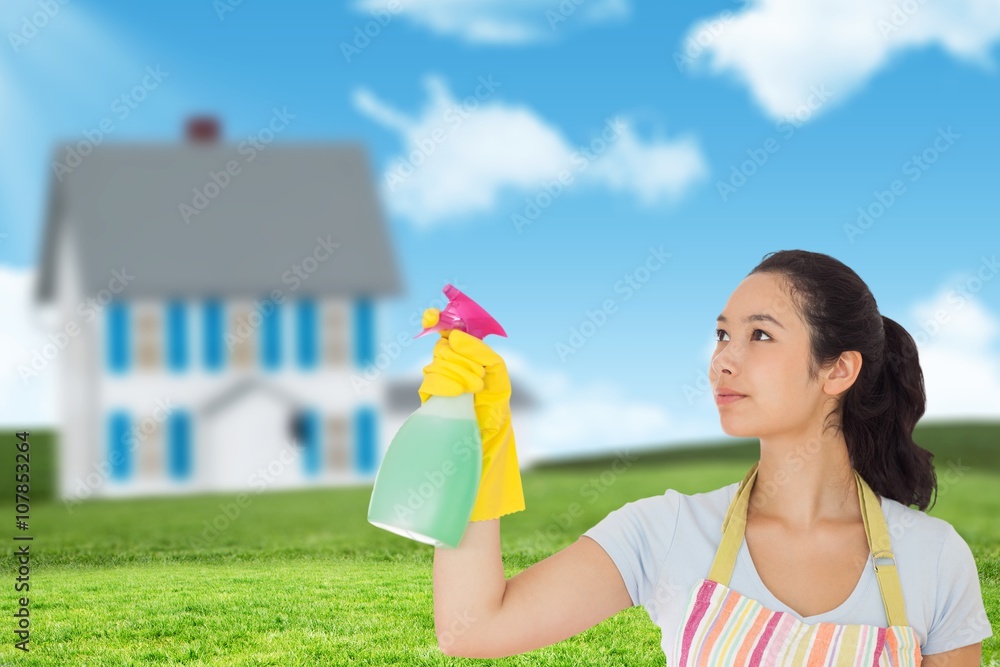 Composite image of young woman spraying cleaner