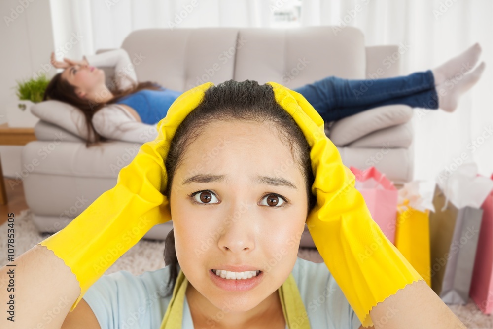 Composite image of stressed out woman