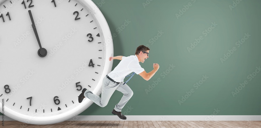 Composite image of geeky happy businessman running mid air