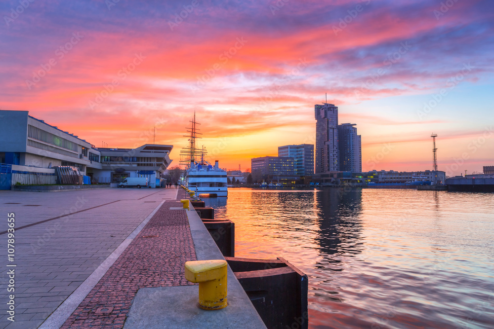 Sunset in Gdynia city at Baltic sea, Poland