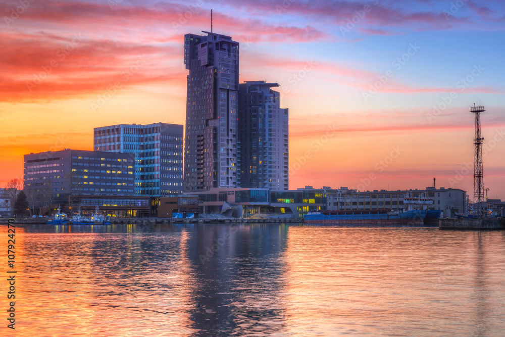 Sunset in Gdynia city at Baltic sea, Poland