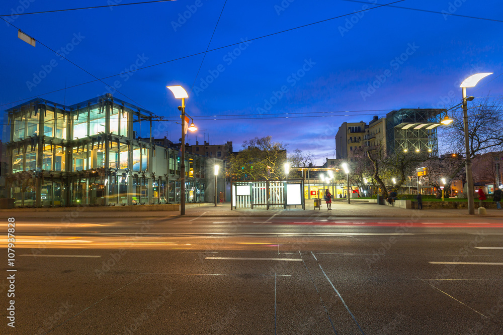 Architecture of Gdynia city at night, Poland