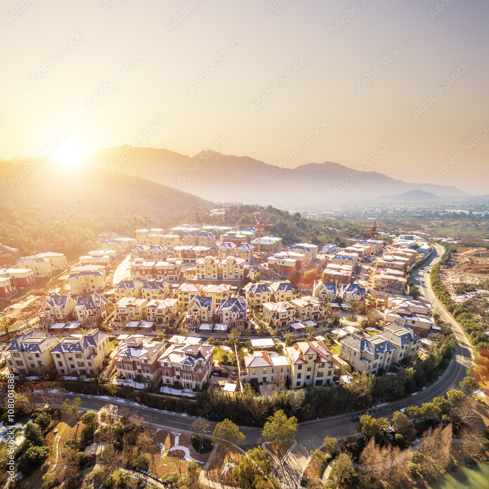 aerial view of houses of modern villa in sunny day