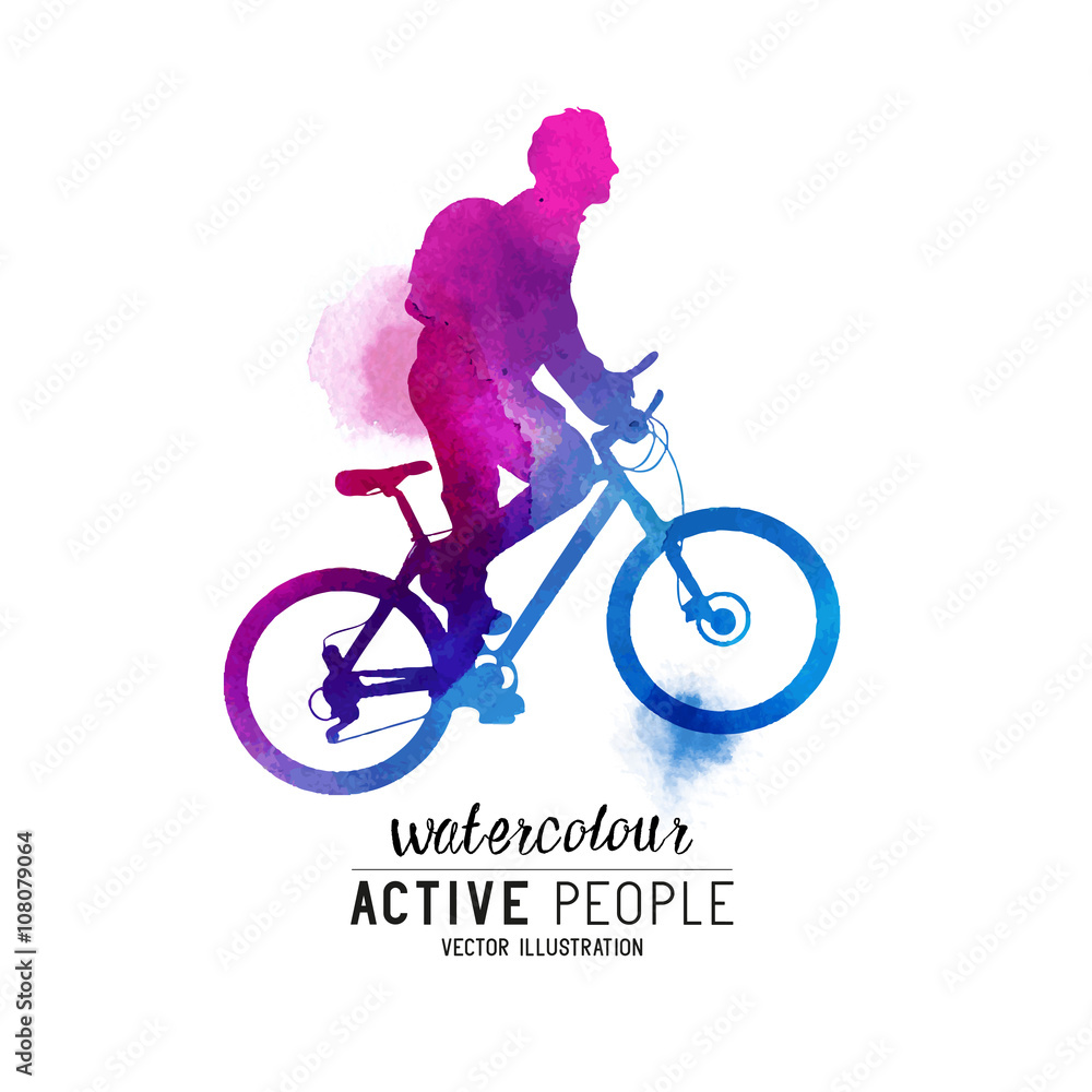 Watercolour Man Riding A Bike. A cyclist keeping fit. Vector illustration.