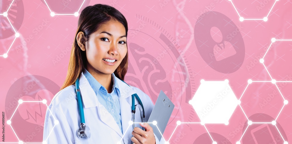 Composite image of asian doctor holding clipboard