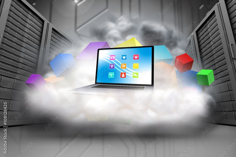 Composite image of laptop on floating cloud