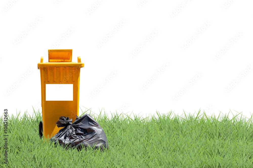 recycle bins and bag garbage on green grass  background ,ecology