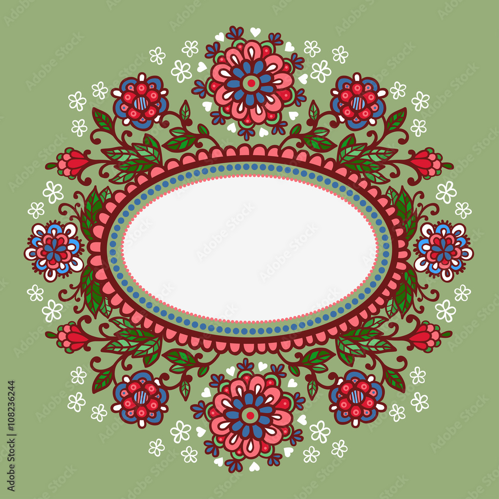 Oval frame with flowers.