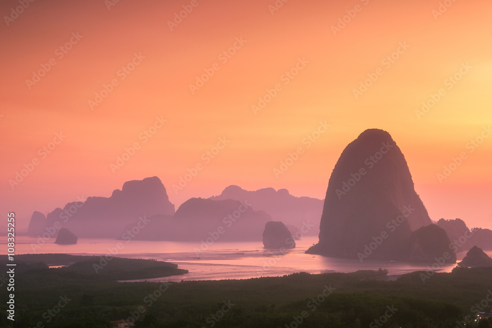 Beautiful sunrise landscape with many island at Phang nga province, Thailand.