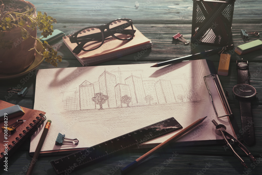 sketch of architecture on the desk