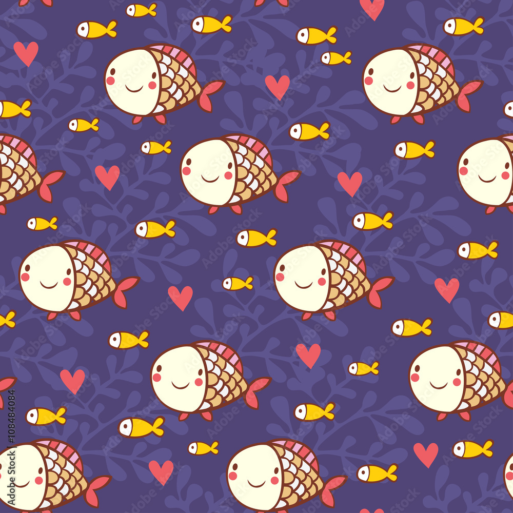 Childish marine seamless pattern with fish and corals.