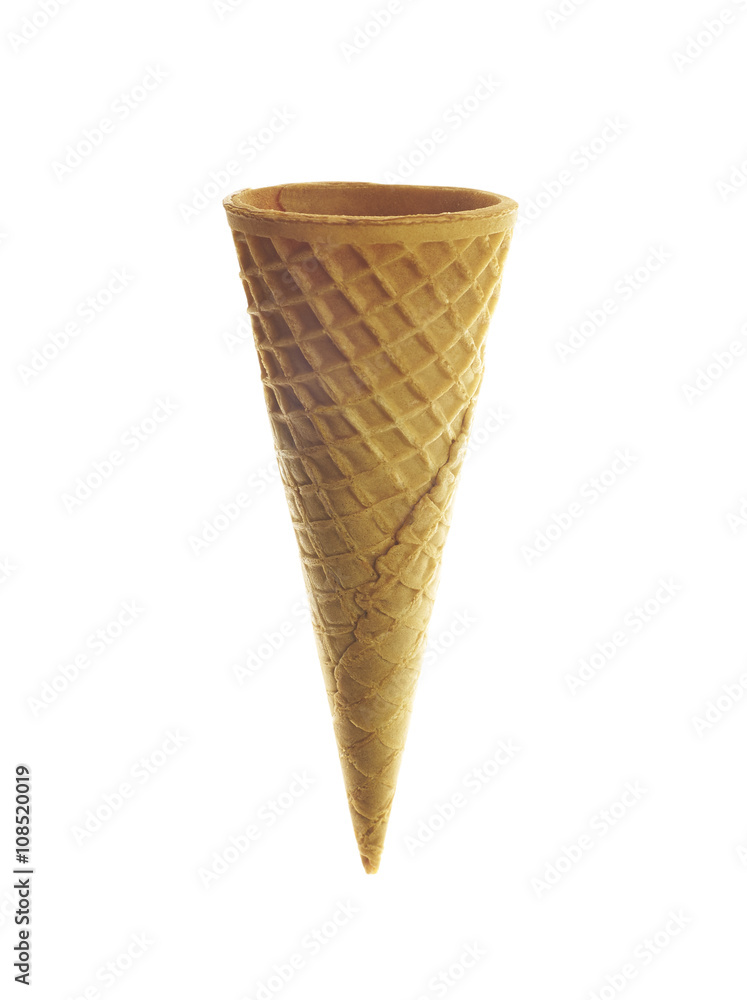 blank crispy ice cream cone isolated on white background. Path , back lit