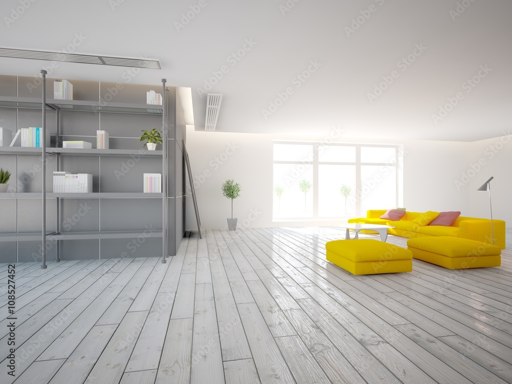 White interior design of living room with colored furniture