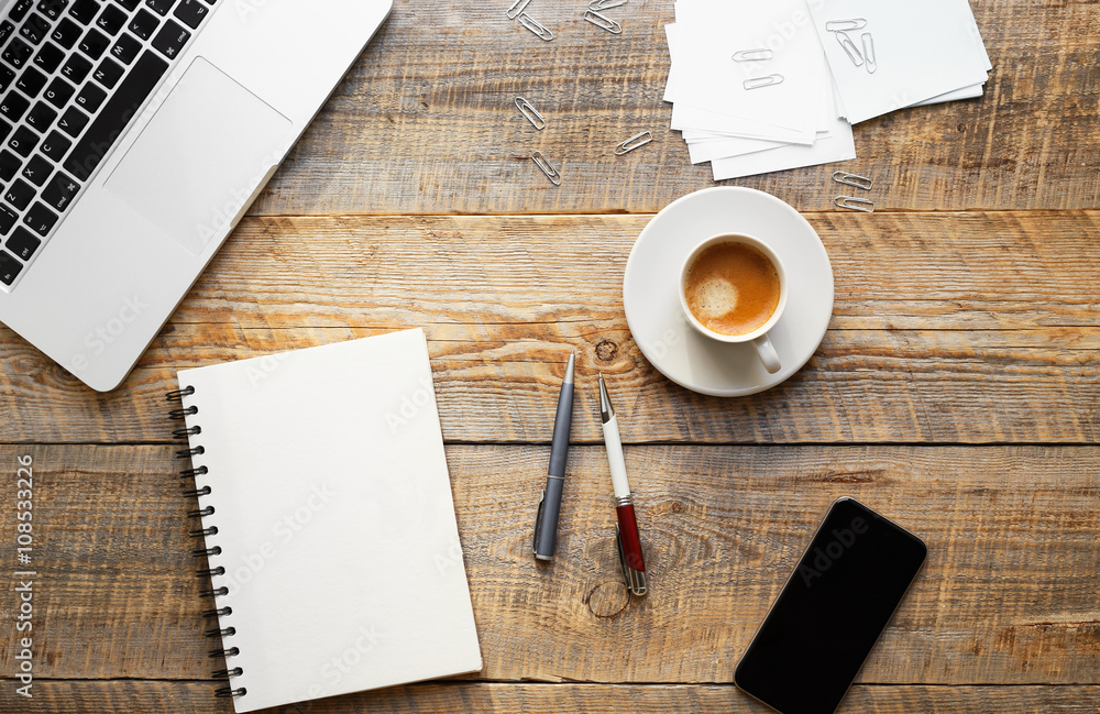 Mans working place at wooden table - nobody